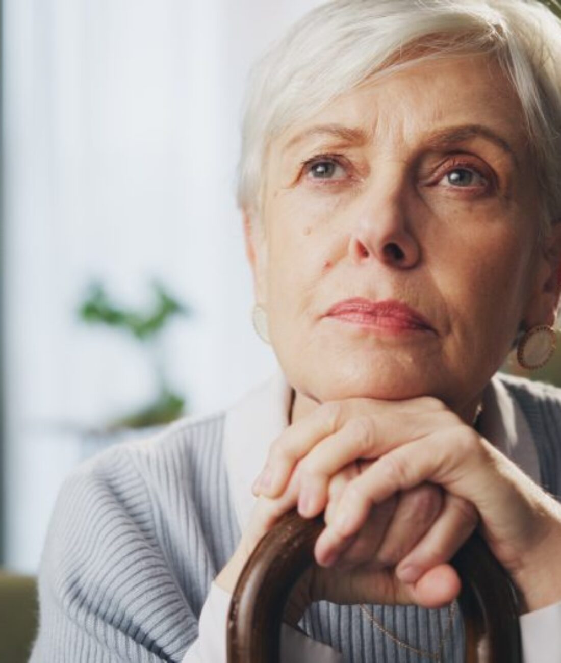 Walking,Stick,,Memory,And,Senior,Woman,In,Home,With,Thinking,