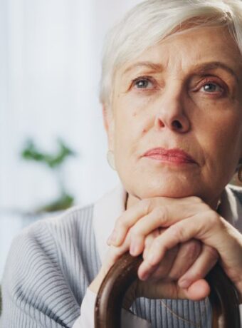 Walking,Stick,,Memory,And,Senior,Woman,In,Home,With,Thinking,